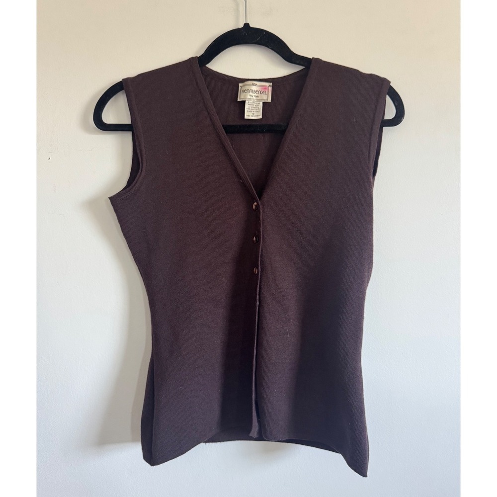 Henri Bendel Merino Wool Sweater Vest Brown V-Neck Button Front Italy Womens M